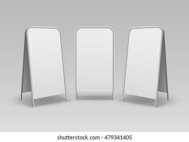 Vector Set of Metal Rectangular Empty Blank Advertising Street Handheld Sandwich Stands Sidewalk Signs Isolated on Background