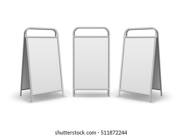 Vector Set of Metal Rectangular Empty Blank Advertising Street Handheld Sandwich Stands Sidewalk Signs Isolated on White Background svg