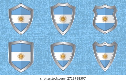 Vector set of metal shields with the Argentine flag and shadow