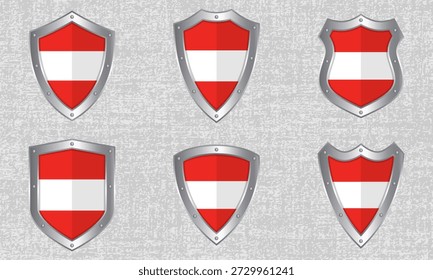 Vector set of metal shields with the Austrian flag and shadow