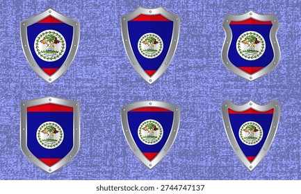 Vector set of metal shields with the Belizean flag and shadow
