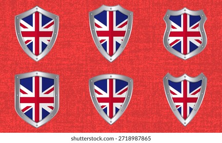 Vector set of metal shields with the British flag and shadow