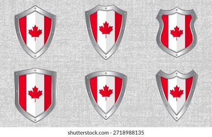 Conjunto de Vector de escudos metálicos con la bandera y la sombra canadienses