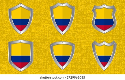 Vector conjunto de escudos metálicos con la bandera y sombra colombiana