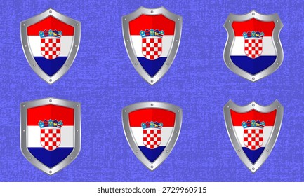 Vector set of metal shields with the Croatian flag and shadow