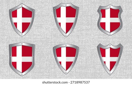 Conjunto vetorial de escudos metálicos com a bandeira e sombra dinamarquesas
