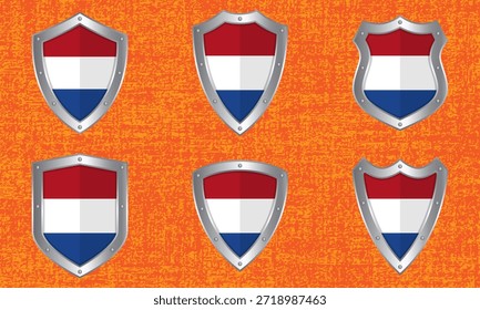 Vector set of metal shields with the Dutch flag and shadow
