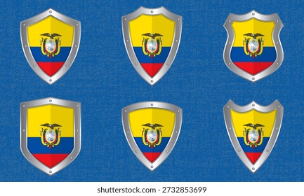 Vektorgrafik mit Metallschilden mit der ecuadorianischen Flagge und Schatten