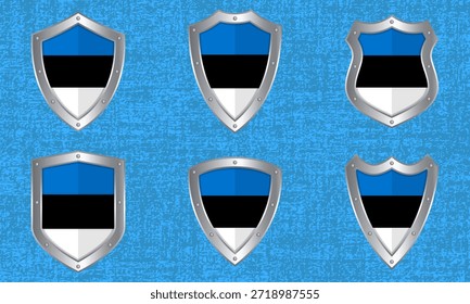 Vector set of metal shields with the Estonian flag and shadow