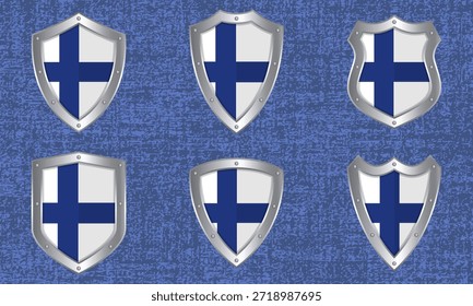 Vector set of metal shields with the Finnish flag and shadow