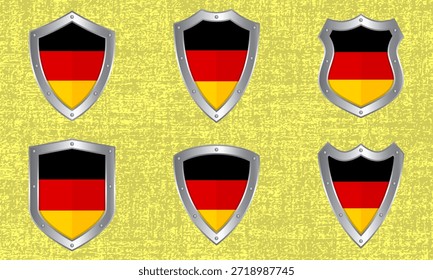 Vektorsatz aus Metallschilden mit deutscher Flagge und Schatten