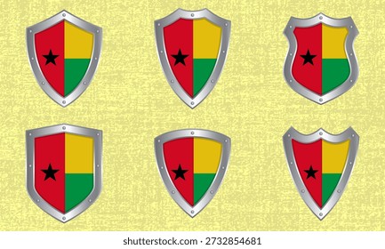 Conjunto vetorial de escudos metálicos com bandeira e sombra da Guiné-Bissau