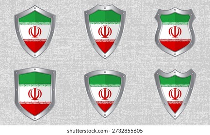 Vector set of metal shields with the Iranian flag and shadow