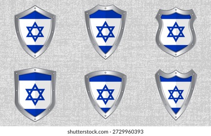 Conjunto vetorial de escudos de metal com a bandeira e sombra israelense