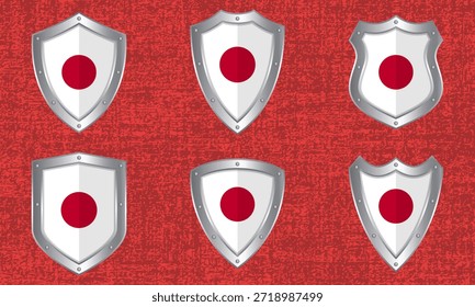Conjunto vetorial de escudos metálicos com a bandeira e sombra japonesas