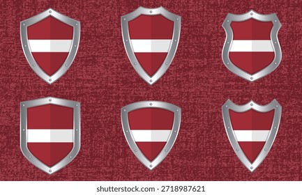 Conjunto de Vector de escudos metálicos con la bandera y la sombra letonas