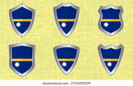 Vector set of metal shields with the Nauruan flag and shadow