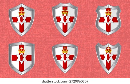 Vector set of metal shields with the Northern Ireland flag and shadow