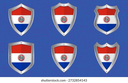 Vector set of metal shields with the Paraguayan flag and shadow