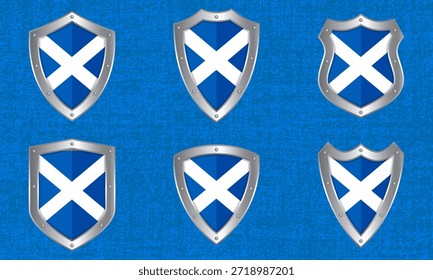Vektorsatz aus Metallschilden mit der schottischen Flagge und Schatten
