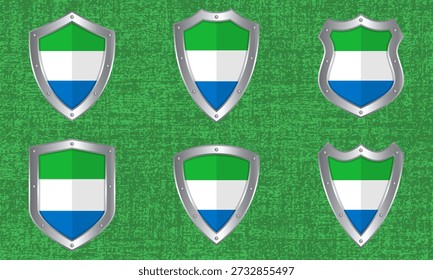 Vektorgrafik mit Metallschilden mit der Flagge und dem Schatten Sierra Leones