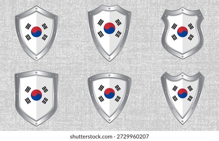 Conjunto de Vector de escudos metálicos con la bandera y la sombra de Corea del Sur