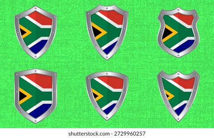Vector set of metal shields with the South African flag and shadow