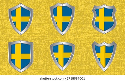 Conjunto de Vector de escudos metálicos con la bandera y la sombra de Suecia