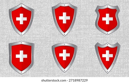 Conjunto de Vector de escudos metálicos con la bandera suiza y la sombra