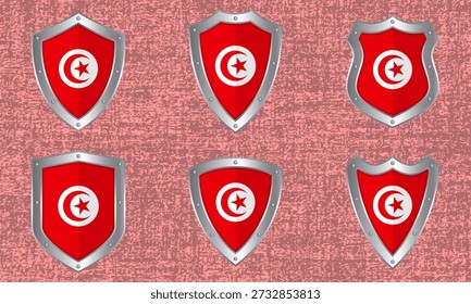 Vector set of metal shields with the Tunisian flag and shadow