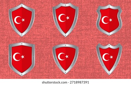 Conjunto de Vector de escudos metálicos con la bandera y la sombra turcas
