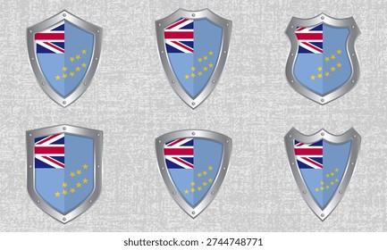 Vector set of metal shields with the Tuvaluan flag and shadow