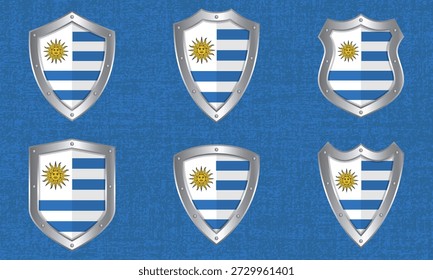 Vector set of metal shields with the Uruguayan flag and shadow