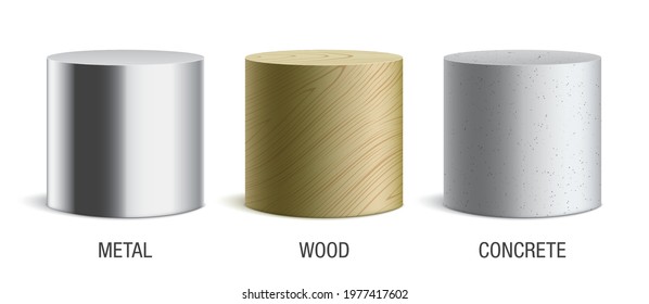 Vector Set Of Metal, Wood, And Concrete Cylinder Shape Material Samples, Isolated On A White Background.