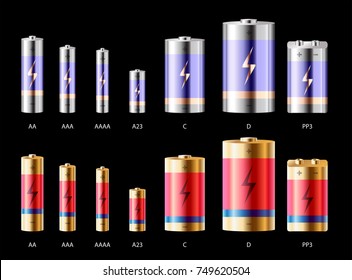 Vector Set Metallic Golden Glossy Alkaline Batteries Of Diffrent size AAAA, AAA, AA, A23 C, D, PP3. Isolated on black background. Discharged and fully charged. charge level indicators.