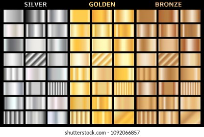 Vector set of metallic gradients. Collection of gold, silver and bronze backgrounds.