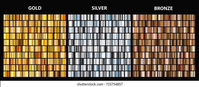 Vector set of metallic gradients.Collection of gold,silver and bronze backgrounds.