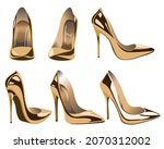 Vector set of metallic pumps. Gold high heel shoes isolated on white background.