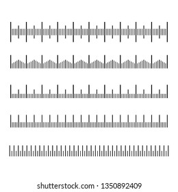 Vector set of metric rulers in flat style. Measuring scales. Mackup for rulers. Size indicators set isolated on background. Unit distances. Concept graphic element.