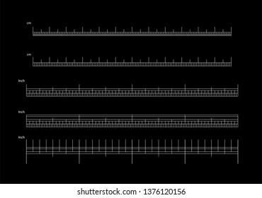 Vector set of metric rulers in flat style. Measuring scales. Mackup for rulers. Size indicators set isolated on background. Unit distances. Concept graphic element.