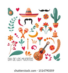 Vector set of Mexican elements. Day of the dead.