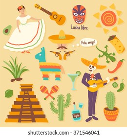 vector set of mexican elements:  food, mariachi, catus, chichen itsa, tequila etc. Translation for spanish text: lucha libre - traditional  wrestling, Hola, amigo - Hello, friend