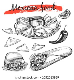  Vector set with mexican food. Hand drawn illustration