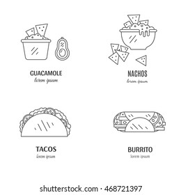 Vector set of mexican  food in linear style. Mexican national traditional food with name isolated on white background. Perfect logo design.