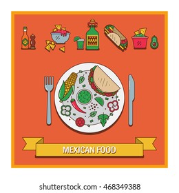 Vector set of mexican food in a plate and linear icons. Mexican national traditional food and drink flat icon set isolated. Perfect banner for restaurant or cafe, menu. 