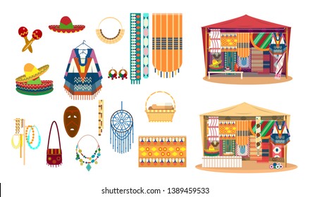 Vector set of Mexican handicrafts. Traditional souvenirs. Fabric and carpets store. Street shop. Sombrero hats, ponchos, maracas, dream catcher, mask, jewelry, mats.