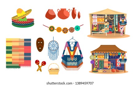 Vector set of Mexican handicrafts. Traditional souvenirs. Fabric and carpets store. Street shop. Sombrero hats, ponchos, maracas, dream catcher, mask, jewelry, mats, ceramics.