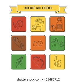 Vector set of mexican icons food in linear style. Mexican national traditional food and drink flat icon set isolated on white background. Perfect for for web site, applications.
