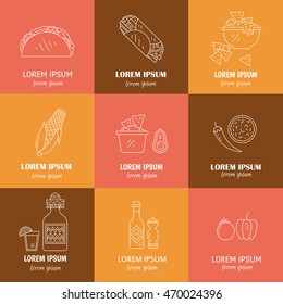 Vector set of mexican icons food in linear style. Mexican national traditional food and drink flat icon and text  isolated on white background. Perfect for for web site, applications.