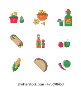 Vector set of mexican icons food in linear style. Mexican national traditional food and drink flat icon set isolated on white background. Perfect for for web site, applications.